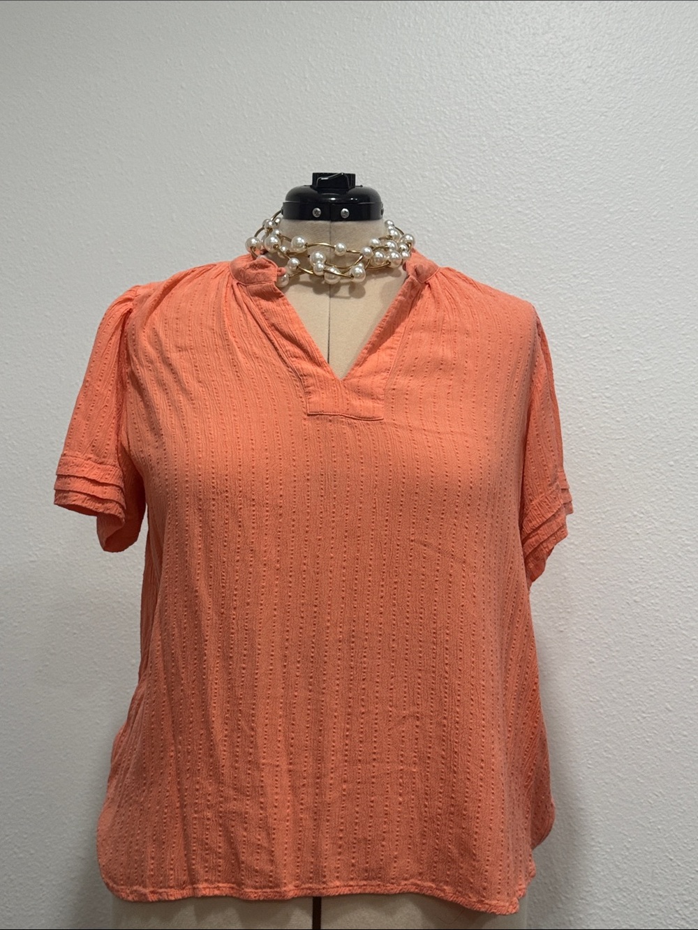 LOFT Coral Eyelet V-Notch Short Sleeve Blouse